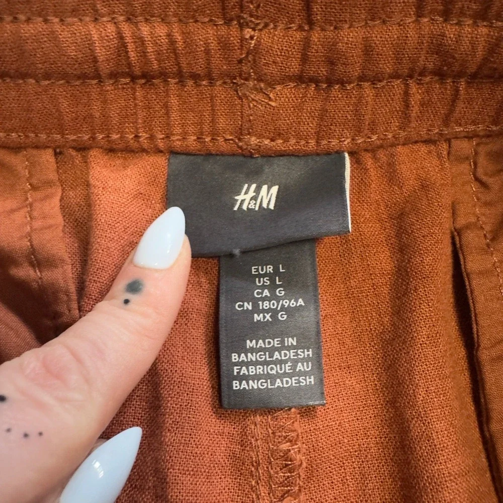 HM Mens Loose Fit Linen Blend Trousers Burnt Orange Elastic Waist Size L